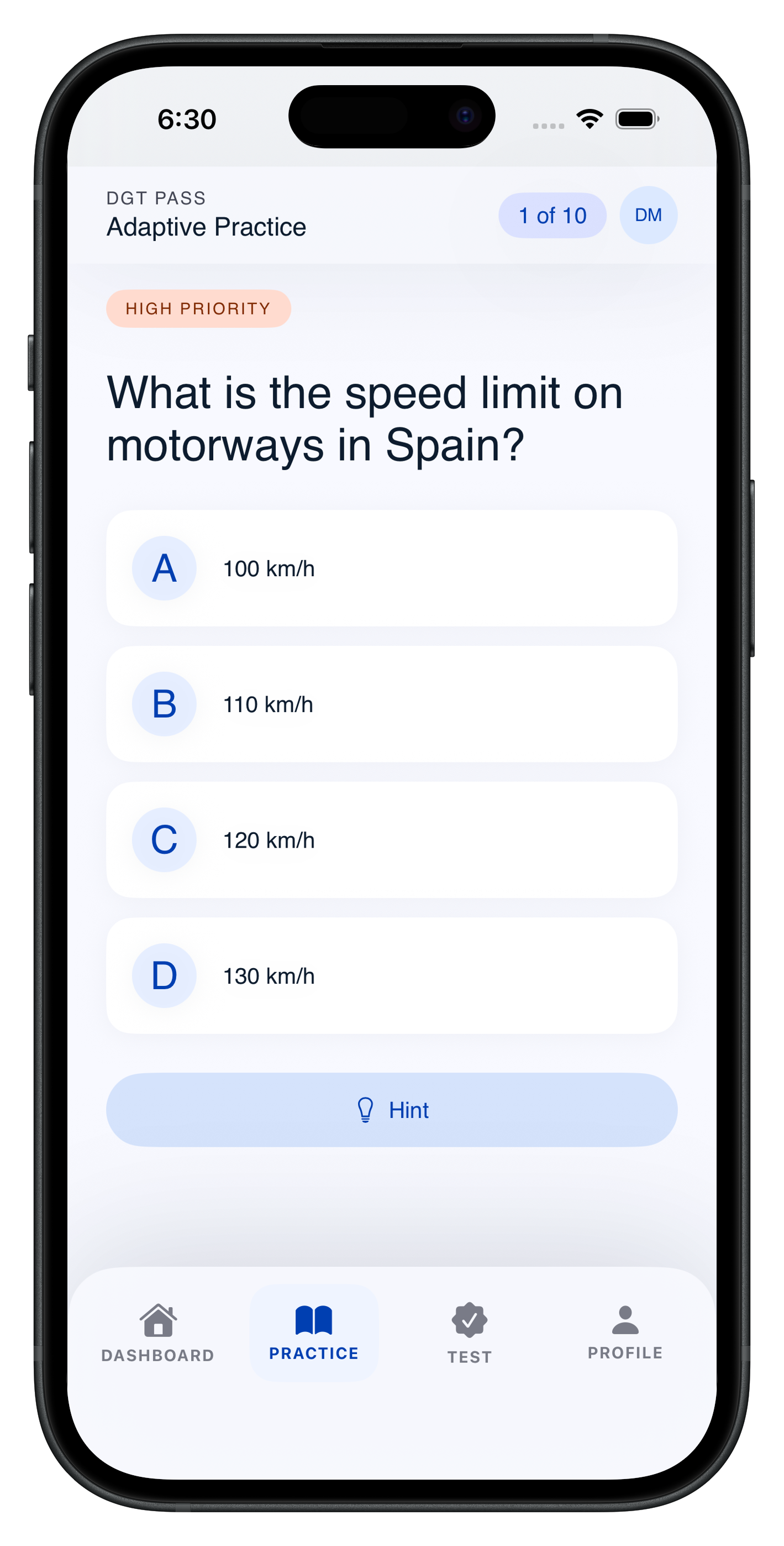 DGT Pass app screenshot showing adaptive practice mode